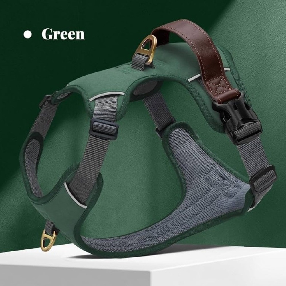 No Pull Dog Harness Genuine Leather Grip Reflective Adjustable Green Large 27-32 - Picture 2 of 7